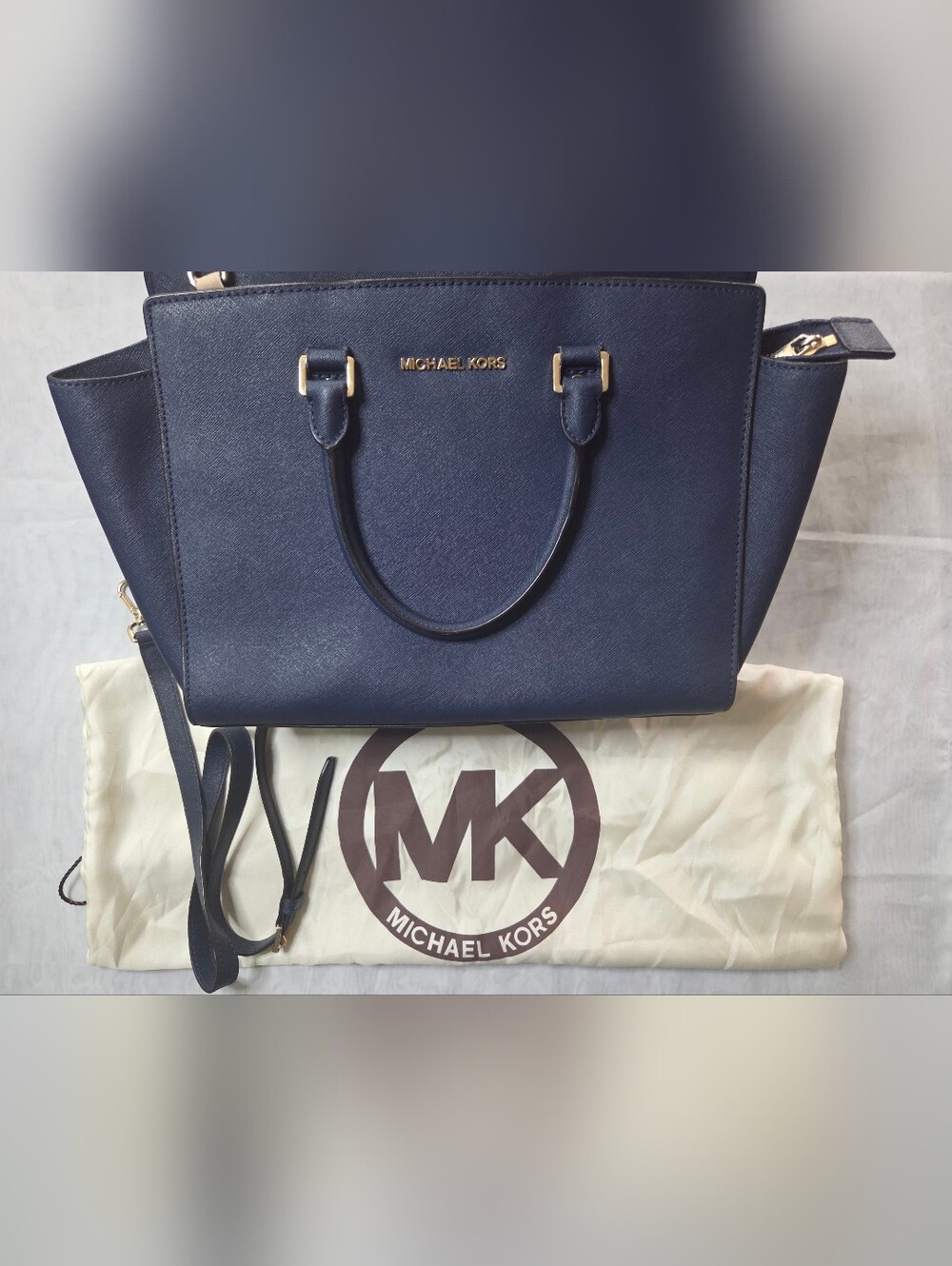 Michael Kors Navy Saffiano Satchel with Gold Hardware